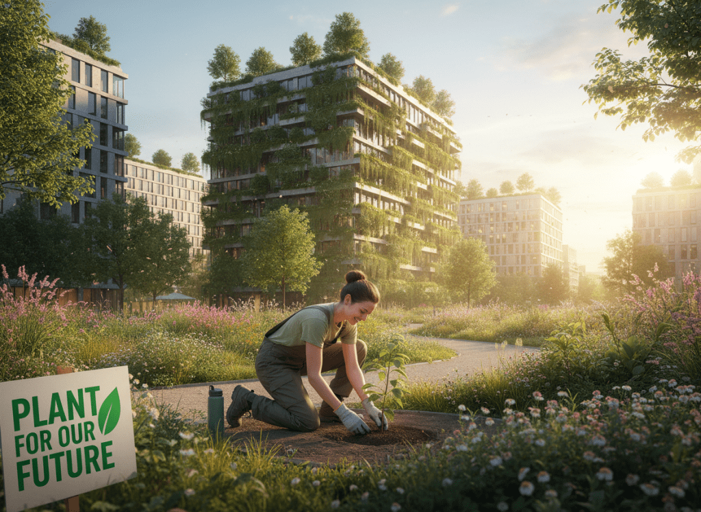 A person planting a tree in a flourishing urban green space, surrounded by eco-friendly buildings with vertical gardens and rooftop greenery. Warm, optimistic lighting, sustainability and environmental activism theme. Photorealistic style.
