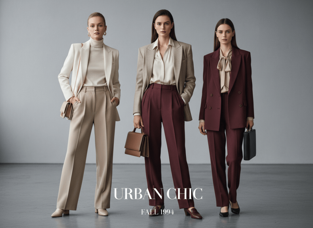 Elegant 90s office fashion editorial photo, women in tailored blazers, high-waisted trousers, silk blouses and structured handbags, muted tones of beige, ivory and burgundy, sophisticated and minimalist aesthetic, fashion magazine style