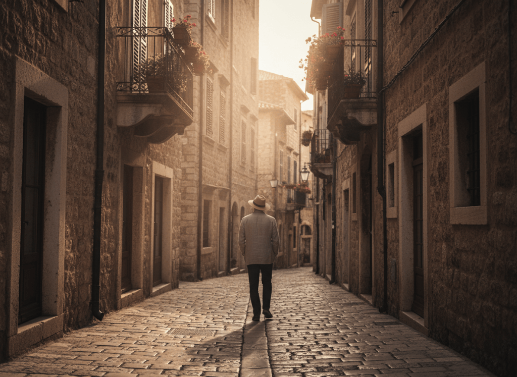 A cinematic, atmospheric travel photo showing a person slowly walking through a narrow, cobblestone street in an old European or Mediterranean city at golden hour. Warm, soft light filters through ancient buildings. The mood is contemplative and immersive — feeling the city rather than rushing through it. No crowds, no phones, just a solitary traveler absorbing the surroundings. Muted warm tones, slightly desaturated, editorial magazine style.