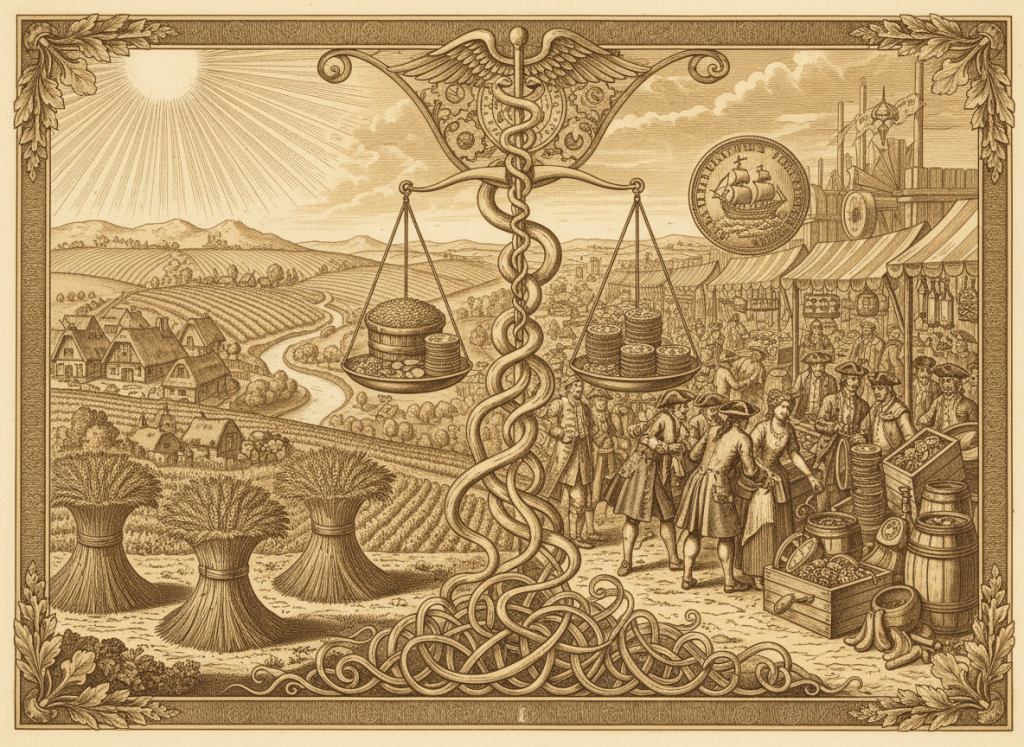 A dramatic historical illustration showing the contrast between natural order and free market economy. A sunlit pastoral landscape with fertile farmland transitions into a bustling 18th-century European marketplace with merchants, trade goods, and coins. Warm golden tones, classical engraving style, symbolic imagery of wheat sheaves, scales of commerce, and flowing trade routes. Cinematic and thought-provoking composition.