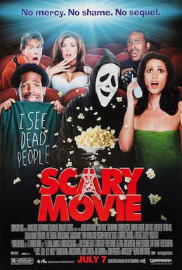 Scary Movie film afişi, korku komedi temalı bir film. Afişte karakterler popcorn yiyerek eğleniyor.