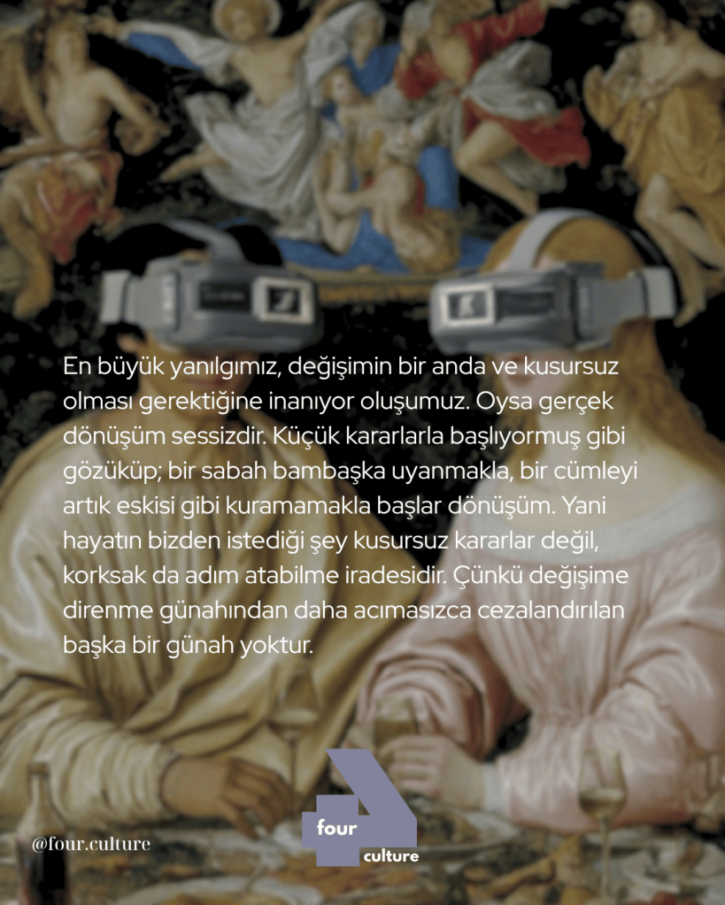 İki kişi, sanatsal bir arka planda VR gözlükleri takarak bir deneyim yaşıyor. Arka planda dini bir tablo yer alıyor.