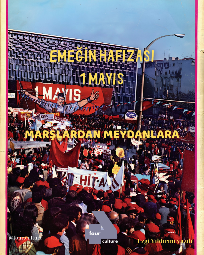 1 Mayıs işçi bayramı kutlaması, kalabalık bir miting alanında insanlar ve pankartlar yer alıyor.