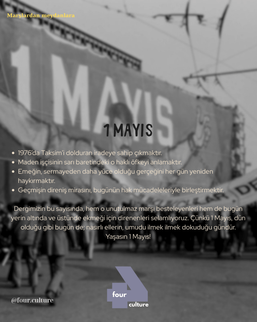 1 Mayıs etkinliği için hazırlanmış afiş, geçmişin direniş mirasını anımsatıyor ve işçi sınıfının mücadele ruhunu simgeliyor.