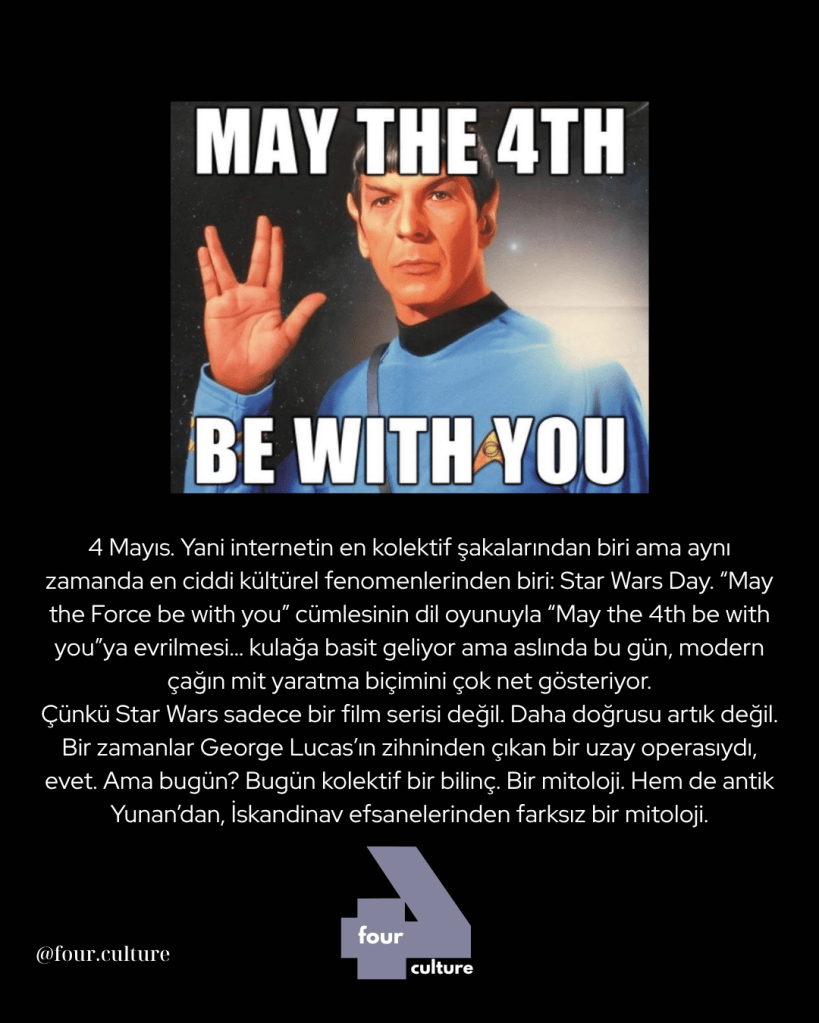 Star Wars Day temalı, Spock karakterinin yer aldığı bir mem, üzerinde 'MAY THE 4TH BE WITH YOU' yazısıyla.