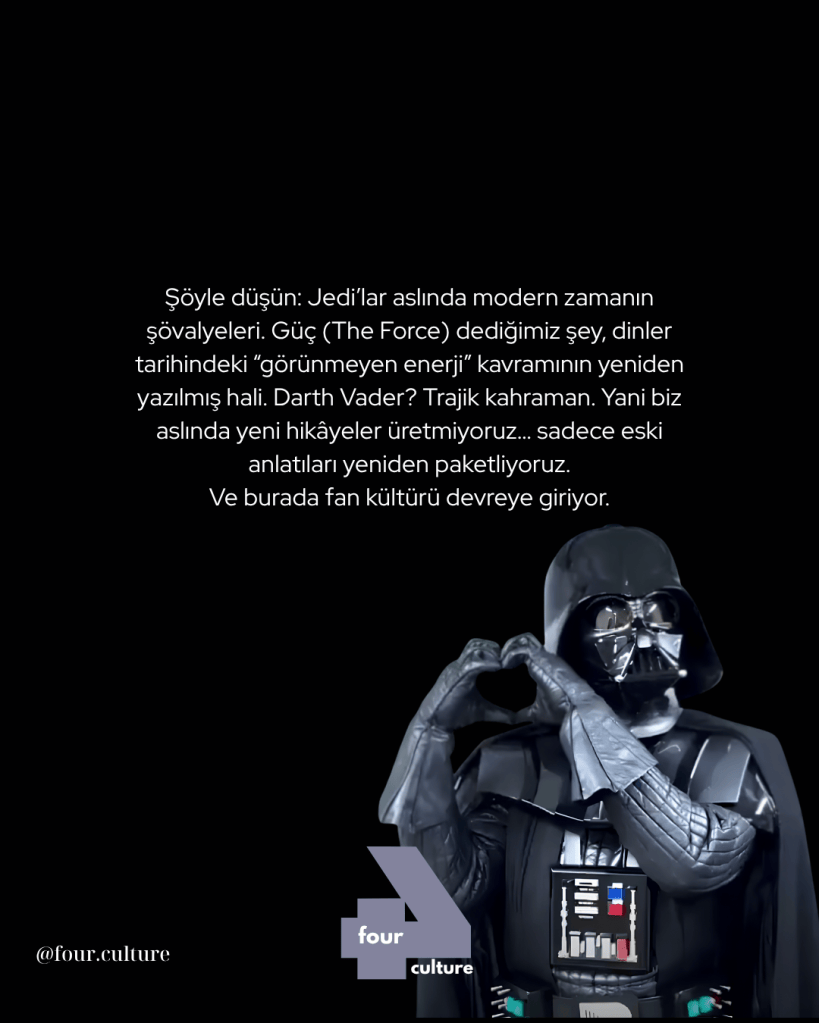 Darth Vader kostümü giymiş bir figür, kalp şekli yaparken, arka planda karanlık bir ortam var. Üstte Jedi'lar ve güç hakkında açıklamalar yer alıyor.
