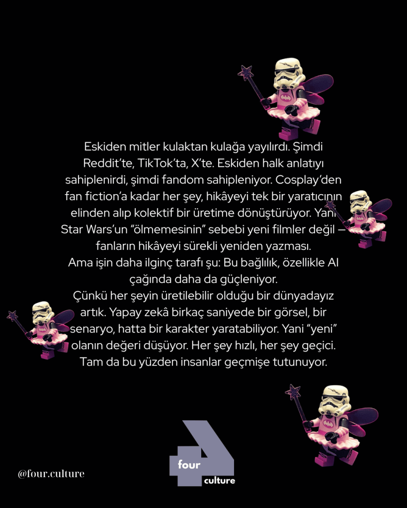Beyaz zırhlı bir figür ve pembe kanatları olan bir karakter, sihirli bir değnek tutarak poz veriyor. Arka planda yazılı bir metin yer alıyor.