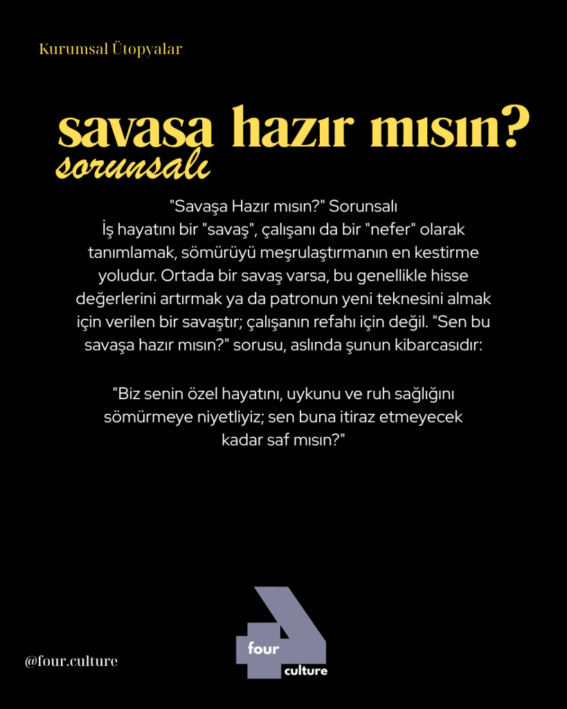 Kurumsal Ütopyalar başlığı ile 'Savaşa Hazır mısın?' sorunsalı üzerine bir yazı.
