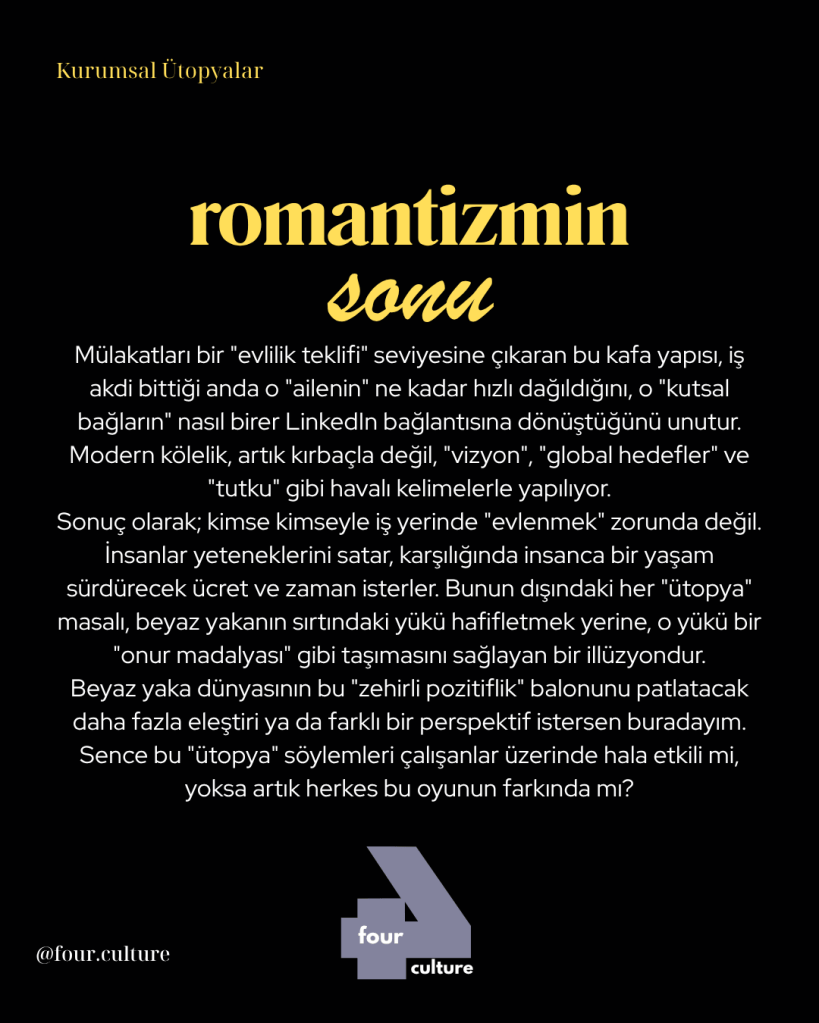 Romantizmin sonu başlıklı bir metin içeriği. Karanlık bir arka planda, modern iş ilişkilerinin soğukluğunu ve bireylerin kendilerini nasıl sattıklarını anlatan düşünceler yer alıyor.