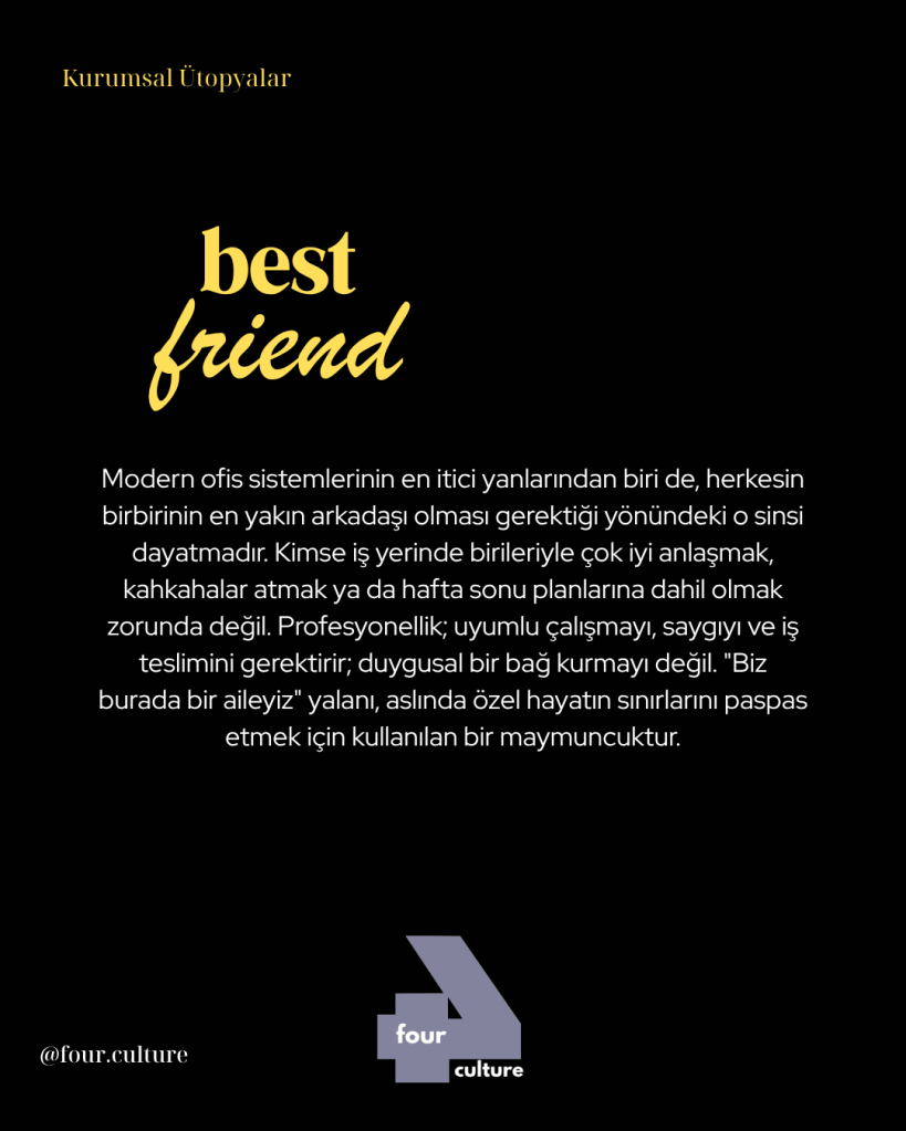 Modern ofis sistemlerinde arkadaşlık ve profesyonellik temalarını ele alan bir grafik.