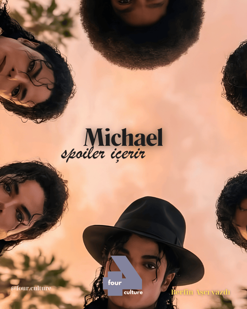 Bir grup kişinin baş üstü görünümü, üzerinde 'Michael spoiler içerir' yazılı bir metin ve dört kültürü temsil eden bir logo.