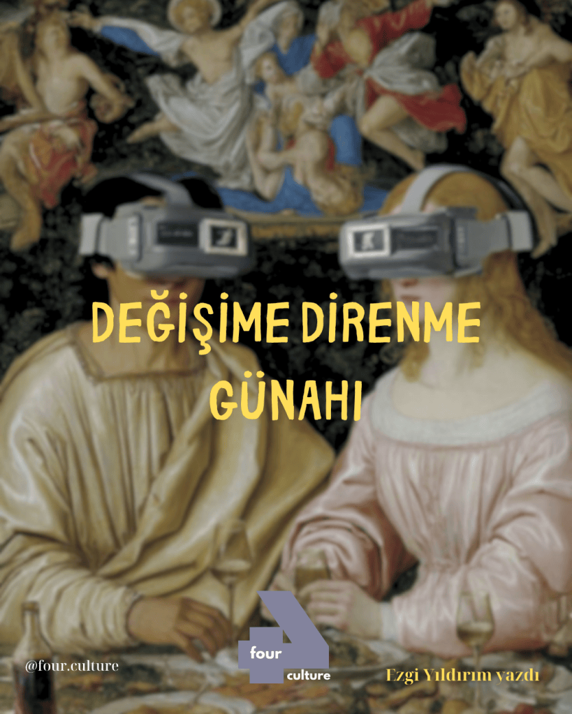 Gözlük takan iki kişinin, arka planda tarihi bir tablo ile birlikte yer aldığı sanatsal bir görüntü.