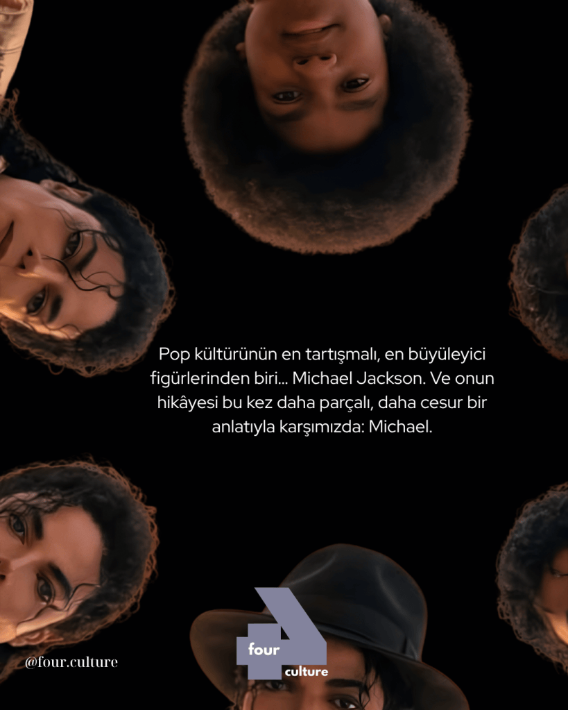 Dört baş üstü dönmüş bir dizi insan yüzü, arka planda siyah bir zemin var. Alt kısımda, Michael Jackson hakkında yazılı bir metin yer alıyor.