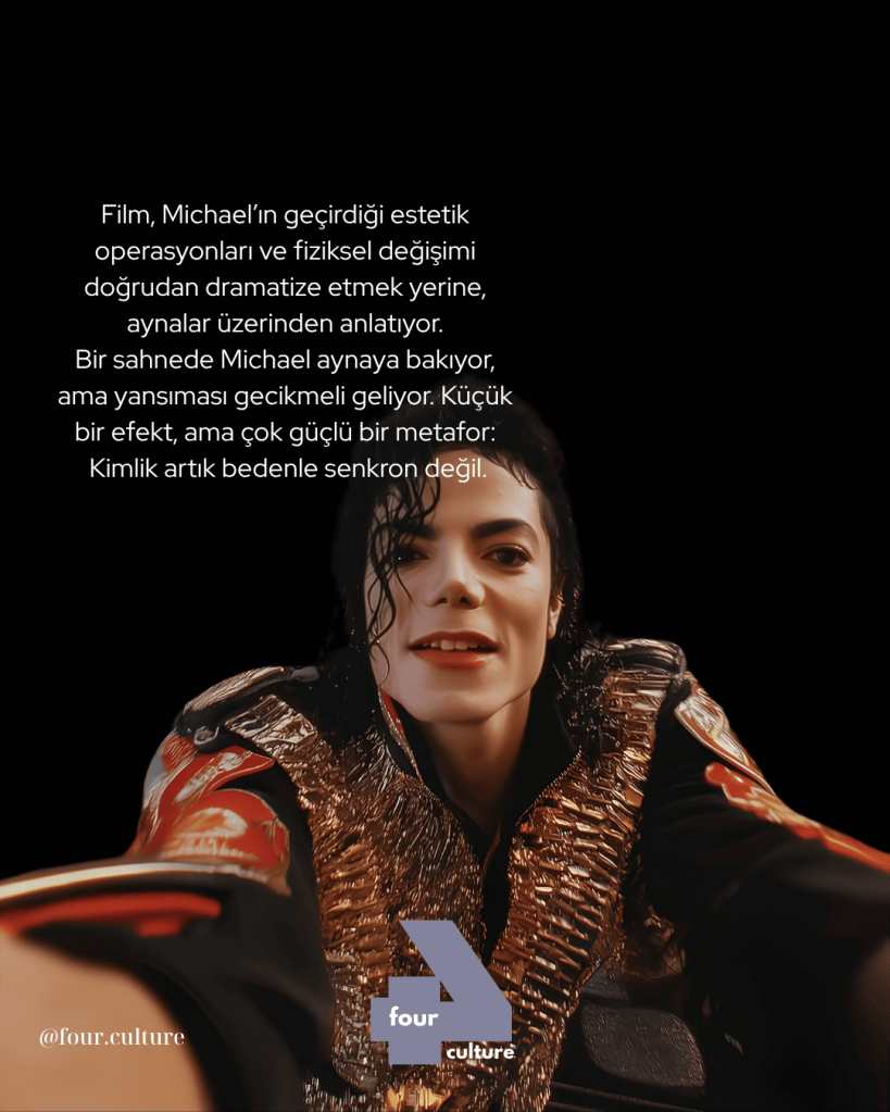 Michael Jackson'ın aynaya baktığı bir sahne, kimliğin bedenle senkron olmadığı mesajını vurguluyor.