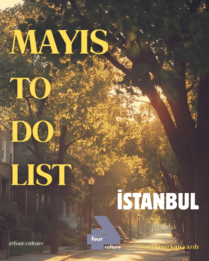 Bir ağaçla kaplı yol ve aydınlatma direklerinin yer aldığı bir cadde görüntüsü. Üstte büyük harflerle "MAYIS TO DO LIST" yazısı, altta ise "İSTANBUL" ve "Yeşim Durkan yazdı" ifadesi yer alıyor.