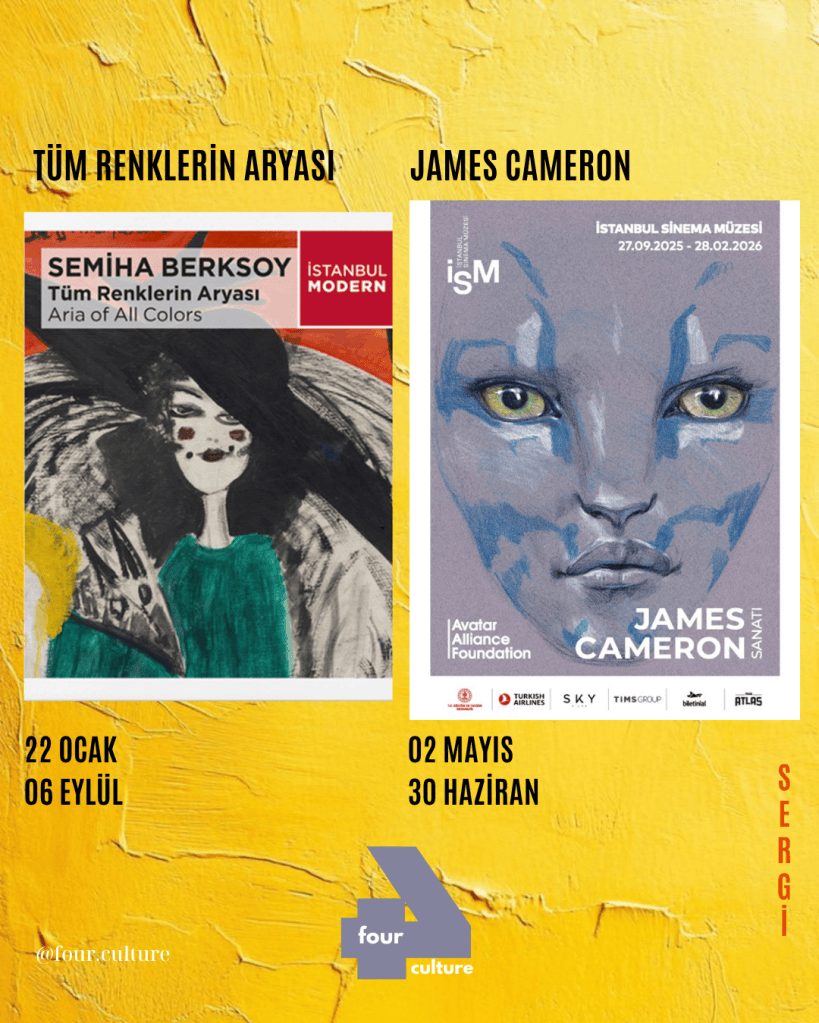 İki sanat etkinliği posterinin bulunduğu bir görüntü. Solda Semihe Berkozy'nin 'Tüm Renklerin Aryası' sergisi, sağda ise James Cameron'un sanatını tanıtan bir sergi posteri var. Arka planda sarı bir doku var.