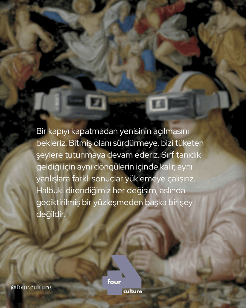 Dijital gözlük takan bir kişi, arka planda klasik bir sanat eseri ile birlikte yer alıyor.