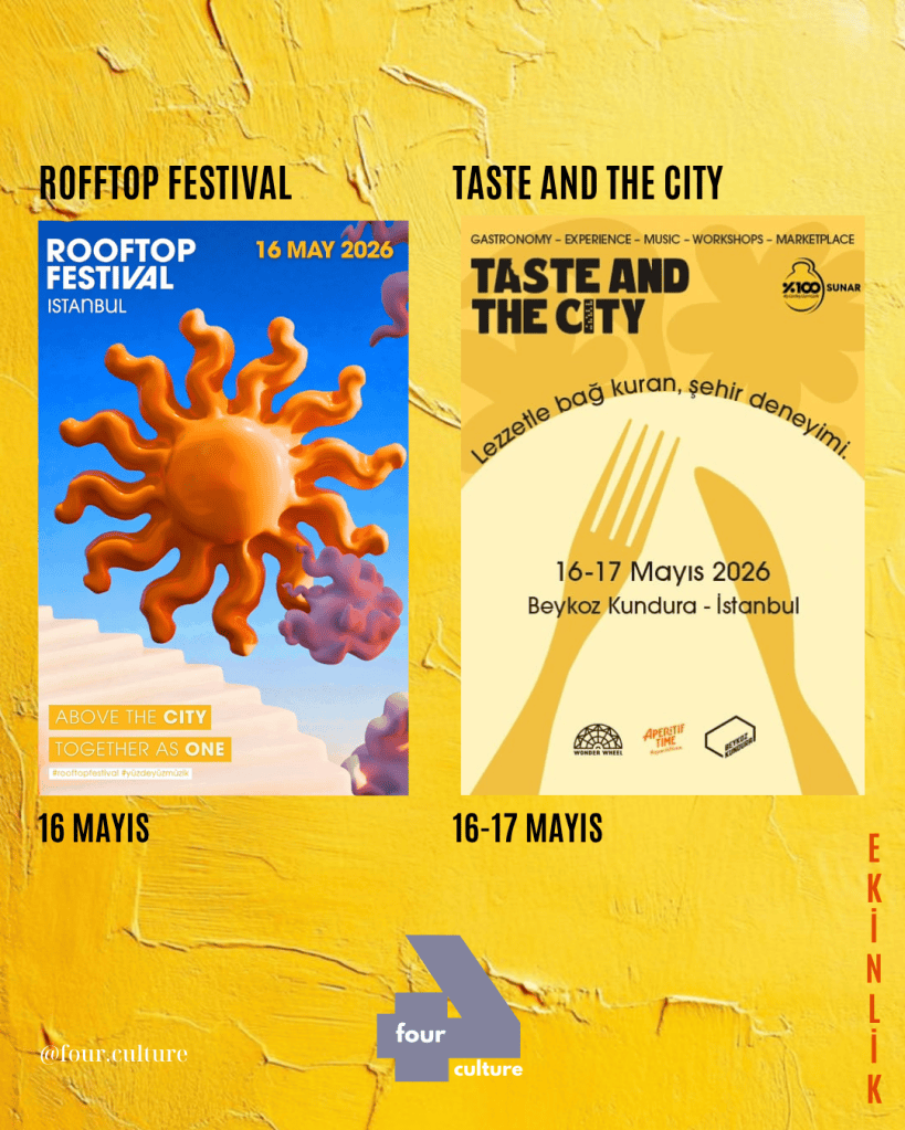 Üstteki iki afiş, İstanbul'da düzenlenecek iki farklı etkinliği tanıtıyor. Sol taraftaki afiş, "Rooftop Festival" için, sağ taraftaki afiş ise "Taste and the City" adıyla bir gastronomi etkinliği için. Her iki afişte tarih bilgileri ve etkinliklerin temaları yer alıyor.
