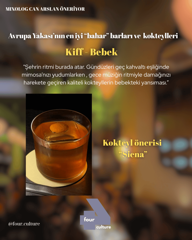 Kiff Bebek barında bulunan, üzerinde bir dilim portakal bulunan bir kokteyl, 'Siena' önerisiyle.