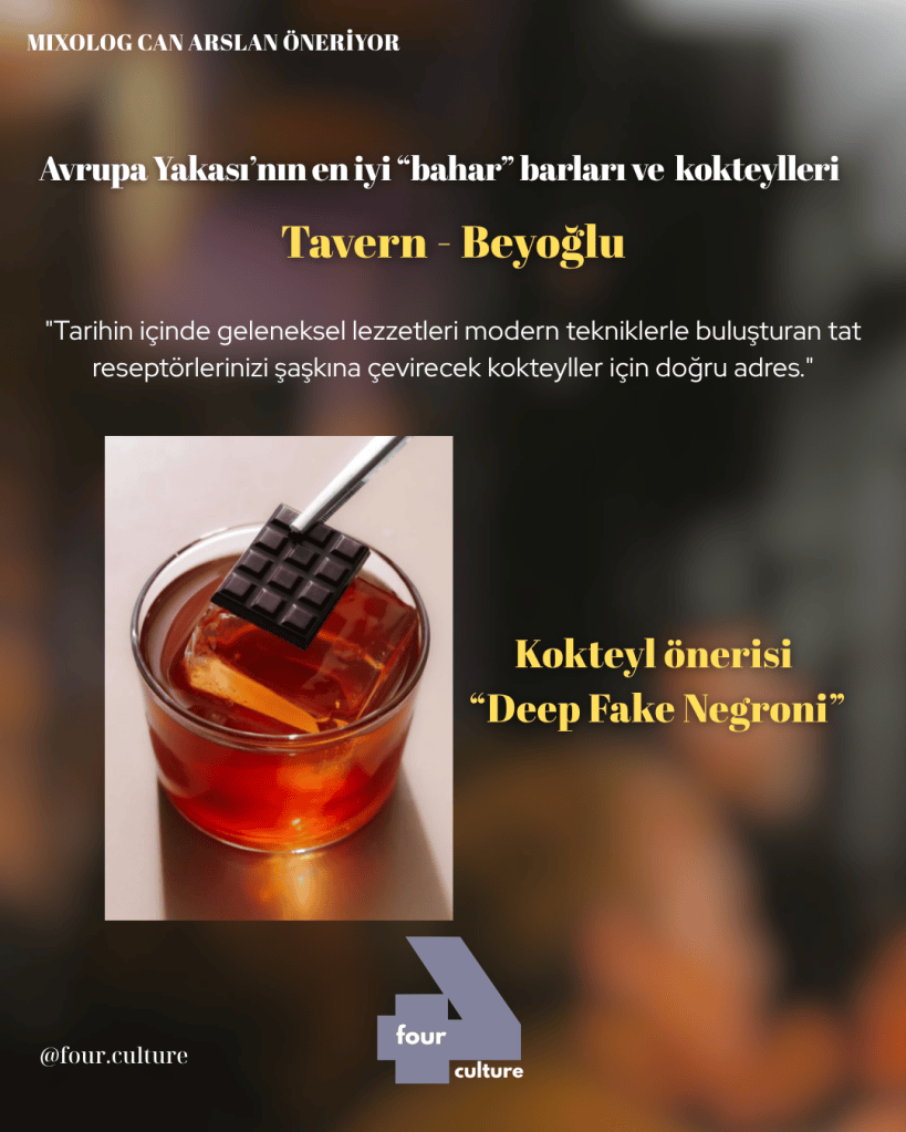 Beyoğlu'ndaki Tavern barına ait 'Deep Fake Negroni' kokteyli, üzerine çikolata parçası yerleştirilmiş bir barda sunuluyor.