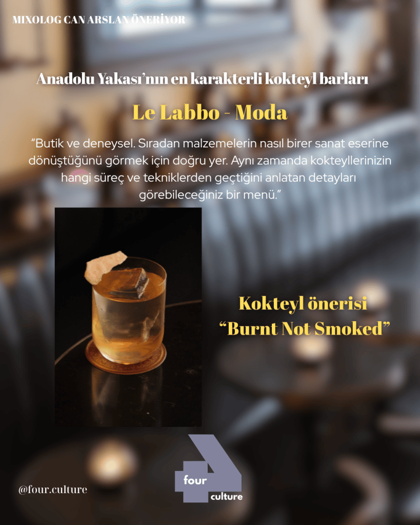 Bir kokteyl önerisi olan 'Burnt Not Smoked', şık bir bardakta sunulmuş ve üzerinde bir parça zencefil ile birlikte buz küpü var. Arka planda lamba ışıkları ve bar ortamı görünmekte.