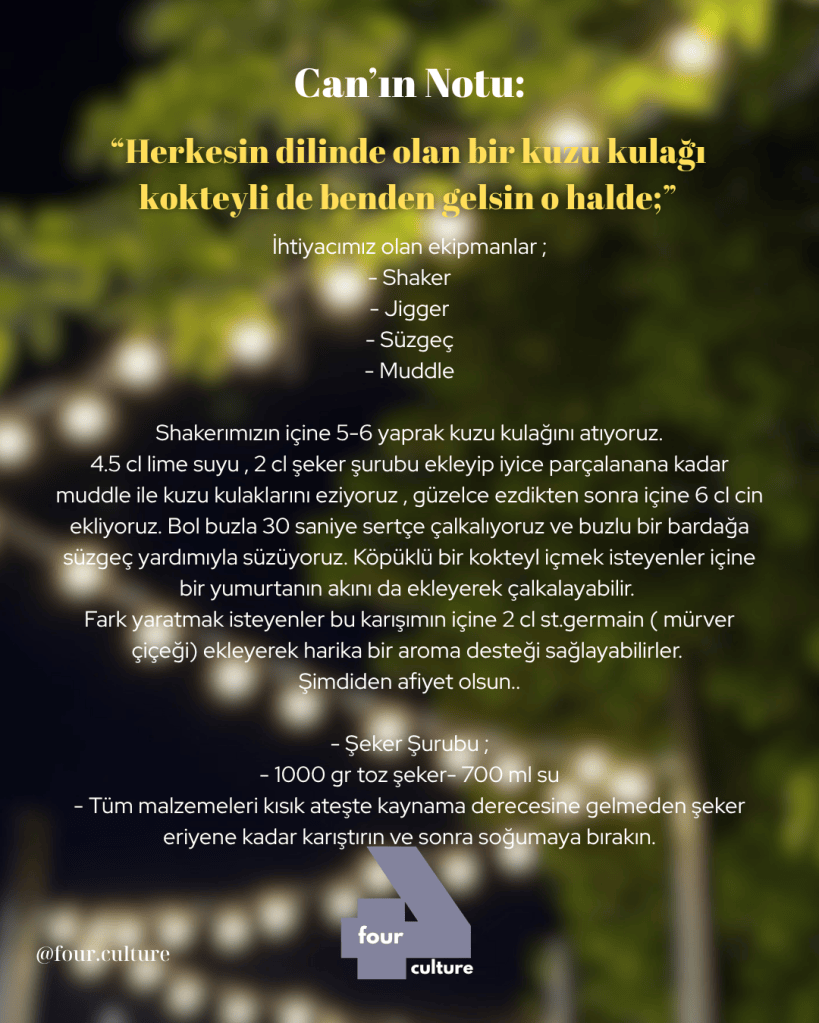 Kuzu kulağı kokteylinin tarifi ve malzemeleri hakkında bir not.